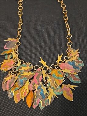 Vintage Multicolor Leaf Necklace - Gold Chain with Purple & Orange Accents